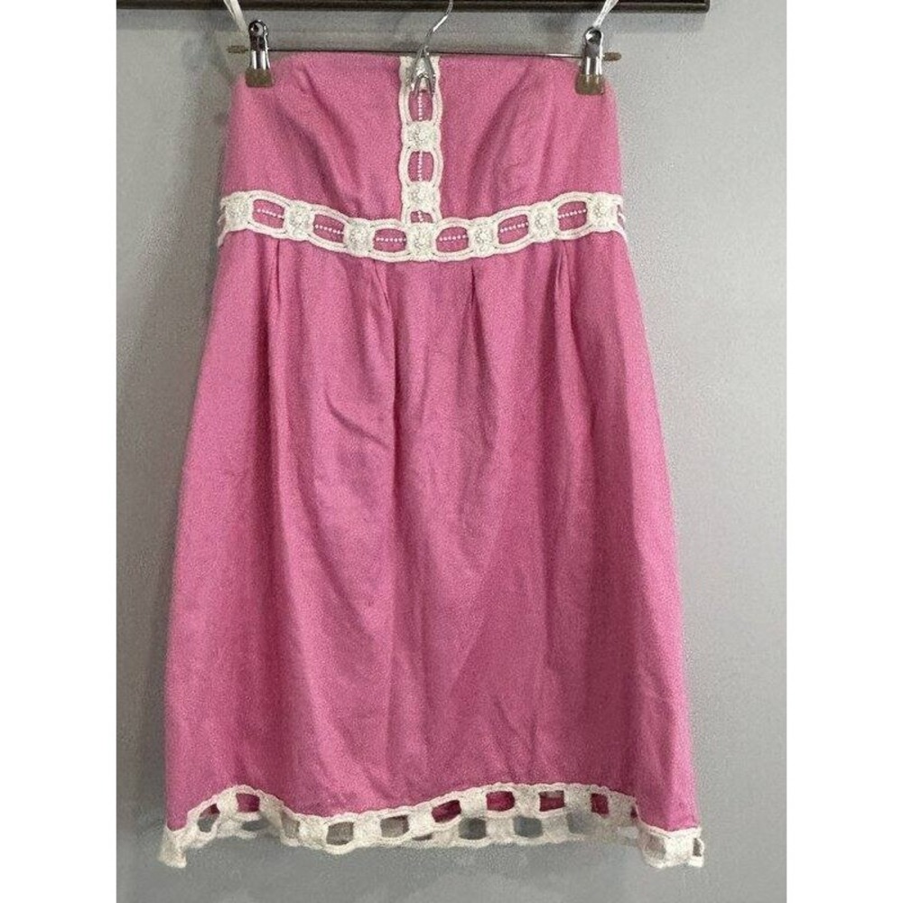 Lilly Pulitzer Bright Pink Short Strapless Dress White Trim Beading Size 8